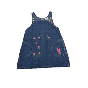 VTG Y2K 90s Butterscotch Denim Overall Dress Floral Embroidery Farm Girls' 6
